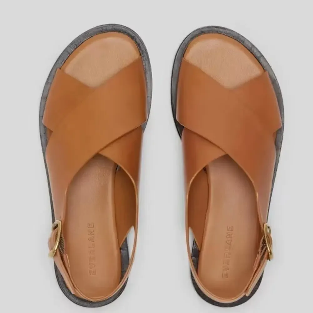 Everlane City Crossover Sandals Desert Tan Leather Buckle Flat 6 New w/o Box - Picture 3 of 6